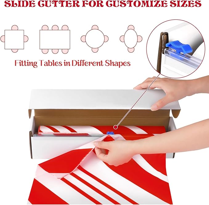 Kochorie 100 ft x 54 in Christmas Candy Cane Striped Tablecloth Roll with Slide Cutter Box Red and White Table Cover Christmas Tablecloth Wall Backdrop Xmas Home Holiday Party Supplies