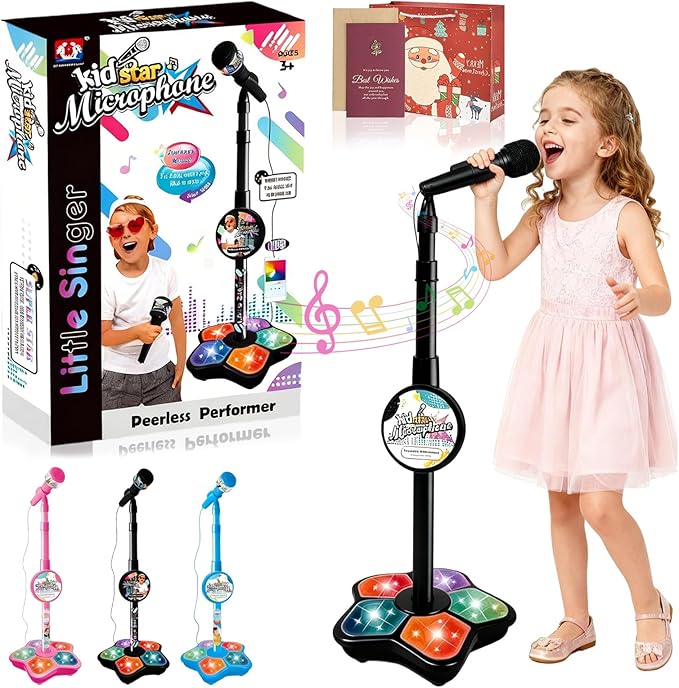 The All-in-One Microphone Toy, Funny Kids Microphone with Adjustable Stand, Speaker & Colorful LED, Multi-Functional Karaoke Microphone Toy for Boys & Girls, Gifts for Little Singers (1-Black)