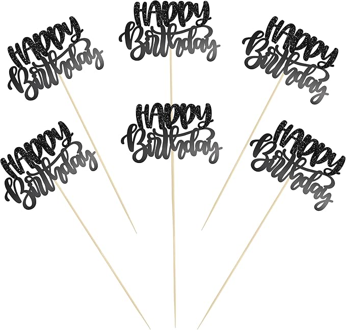 Gyufise 12Pcs Happy Birthday Centerpieces Sticks Double Sided Glitter Birthday Party Decorations Anniversary Table Flower Centerpiece for Celebrating Party Supplies Light Black