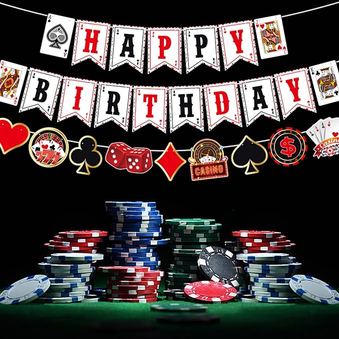 Zwiebeco Casino Theme Happy Birthday Banner Colorful Poker Sign Hanging Paper Party Decorations for Men Women Playing Cards Game Themed Accessories Supplies