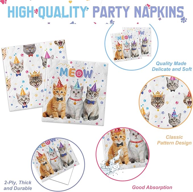 170PCS Cat Birthday Decorations Cat Birthday Party Supplies - Includes Plates, Napkins, Cups, Cutlery, Banner, Hanging Swirl for Cat Birthday Party Decorations, Serves 24