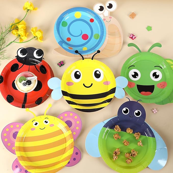 60Pcs Spring Bug Birthday Party Decorations Ladybugs Bee Butterfly Reptile Paper Plates Insect Tableware Dinnerware Set Bug Dessert Plates for Spring Summer Birthday Party Baby Shower Favors Supplies