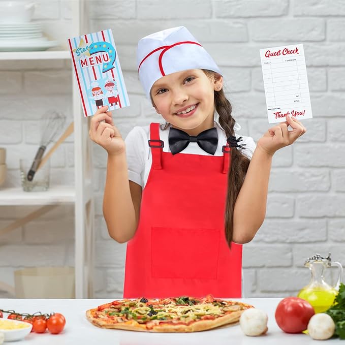 Kids Waiter Costume Set Vendor Costume Kit 6 Pcs Hat Apron Bow Tie Gloves Cards For Halloween Pretend Play Dress Up