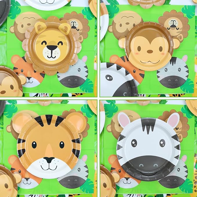 162Pcs Jungle Party Supplies- Include Animal Shape Plates, Jungle Tablecloth, Safari Flag, Napkins, Cups, Cutlery, Safari Theme Party Supplies for Kids Birthday Baby Shower Wild One, Serves 20 Guests