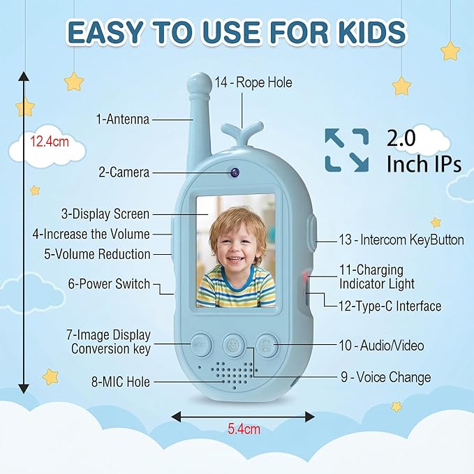 Video Walkie Talkies for Kids, Headband Emoji Function, 4 Voice Changing Switches, Hanging Rope Top-C Charging, Video Walkie Talkies (Blue+Pink, Suitable for Children Over 4 Years Old)