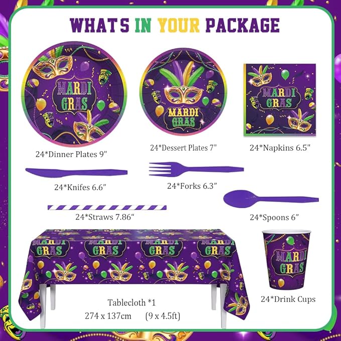 193pcs Mardi Gras Party Decorations Mardi Gras Plates and Napkins, Cup, Tablecloth, Tableware, Masquerade Mask Party Decorations Supplies Serve 24 Guests