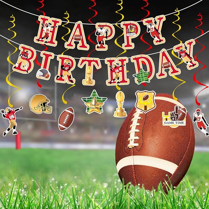 Football Birthday Party Decorations Football Birthday Banner with Super Bowl & Themed Party Supplies for Gameday Tailgate Decorations (Pre-Strung)