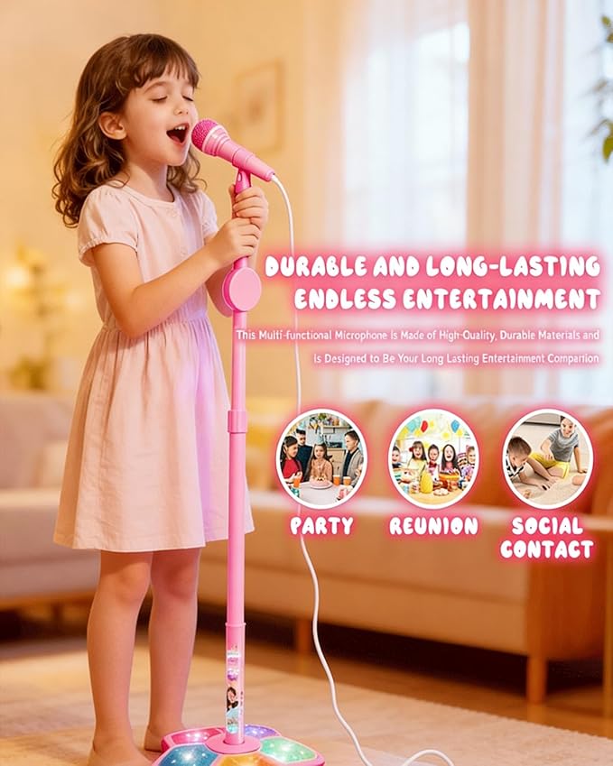 2026 New Kid Star Microphone, Kid Star Microphone with Stand, 5-in-1 Kids Stars Microphones with Adjustable Stand, Speakers and Lights, Compatible with Mobile Phones, for Festival (Pink)