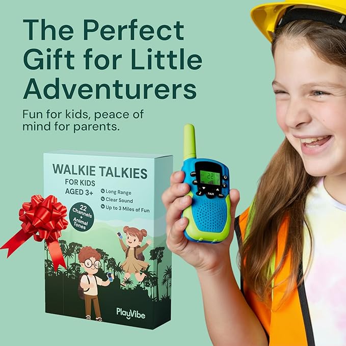 Playvibe Walkie Talkies for Kids 2 Pack - Long Range 2 Way Radio Toy for 3-12 Year Old Boys & Girls, 22 Channels with Flashlight, Outdoor Camping & Hiking Gear, Gender Neutral Christmas Birthday Gifts