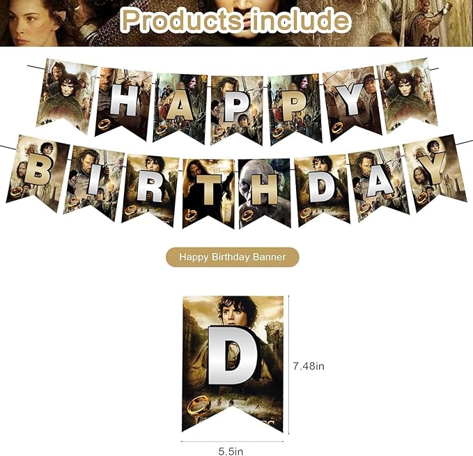 The Lord of the Rings Party Decorations,Fellowship of the Ring Birthday Party Supplies Includes Banner- Cake Topper - 12 Cupcake Toppers - 18 Balloons