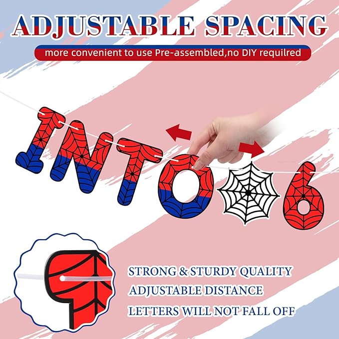 TaoBary Spider Theme 6th Birthday Banner, Pre-strung Swinging into 6 Banner, Spider 6th Birthday Decorations Party Supplies for Kids, Sixth Decor for 6 Year Old Boys Girls(Red and Blue)
