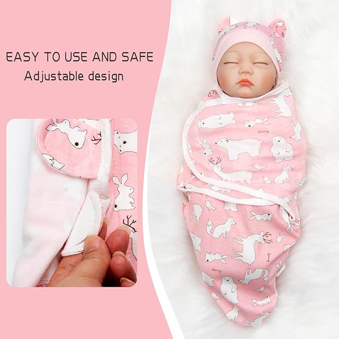 Reborn Baby Doll Swaddle Blanket 17-22 Inch Girl Pink Wrap Blanket 2 Pcs - Swaddle Blanket + Hat, Reborn and Newborn Baby Doll Clothes Accessories
