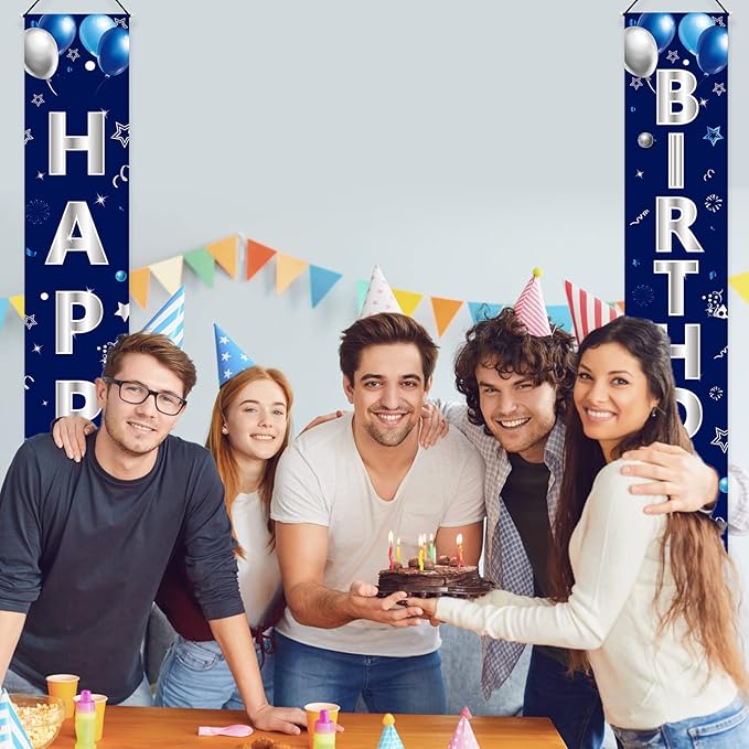 Blue Silver Happy Birthday Door Banner Decorations for Men Boys,Happy Birthday Banner Porch Sign Party Supplies,16th 18th 21st 30th 40th 50th 60th Bday Decoration for Outdoor Indoor