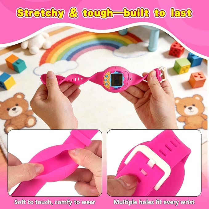 Soft Silicone Wristband for Tamagotchi Original, for Gen 1/2, Neon, Retro Flowers, 90s, Fresh Strawberry, Adjustable Anti-Drop Strap for Kids, Teens, Adults, Parents & 90s Nostalgia Lovers (Rose Red)