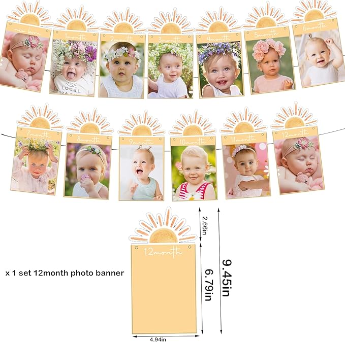 First Trip Around the Sun 12 Month Photo Banner Boho Sun 1st Birthday Decorations Party Supplies Sunshine First Birthday Decor for Baby Boys & Girls
