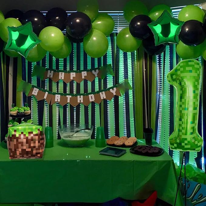 40 Inch Green Pixel Miner Number 4 Foil Balloons Large Mylar Mining Theme 4th Number Balloon for Boys Girls Video Game Birthday Decorations Pixel Game Party Supplies