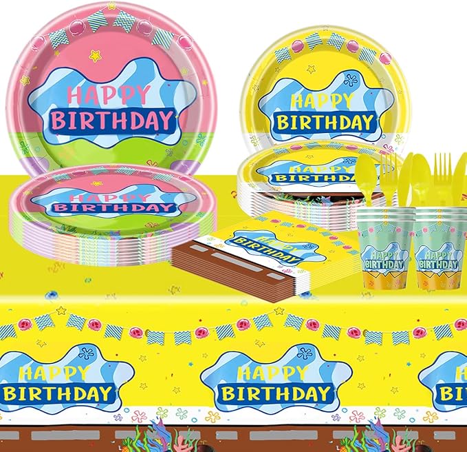 81pcs Yellow Cartoon Party Supplies Tableware Plates Napkins Cups Fork and Tablecloth，Yellow Theme Birthday Party Decoration