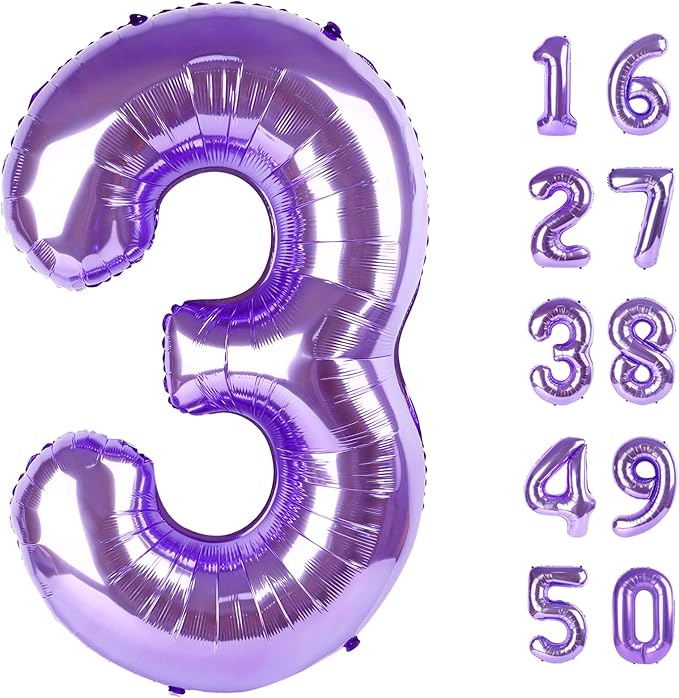 40 Inch Balloon Purple Number 3 Big Foil Helium Number Balloons Giant Mylar Number 3rd Balloons for 13th Birthday Anniversary Party Decorations Supplies