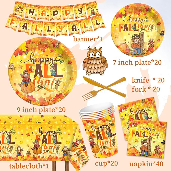 142Pcs Thanksgiving Plates and Napkins Set-Happy Fall Y'all Party Decoration Scarecrow Disposable Tableware Maple Leaves Pumpkin Harvest Thanksgiving Party Supplies