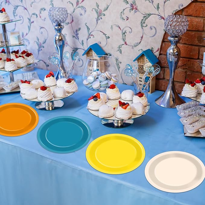 48Pcs Here Comes The Son Party Paper Plates for Retro Blue Orange Mustard Yellow Table Supplies 7" First Trip Around The Sun Boho Disposable Dessert Tableware for Boy Birthday Baby Shower Decorations