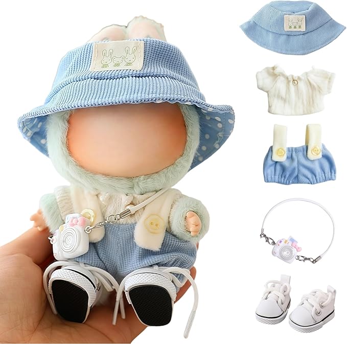 Clothes for Lu bubu 17cm Dolls Accessories(No Doll), Cute Outfit Set 5 Pieces Bib Pants for 17cm Doll Suit, Stylish Dress Up Overalls Doll Clothing Set Replacement with Hat Clothes Shoes Blue