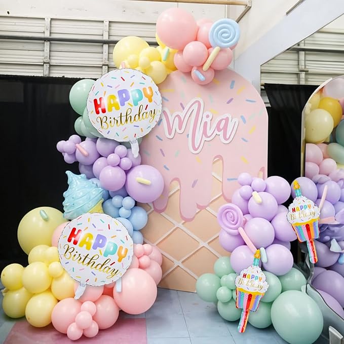 Happy Birthday Cupcake Cute Foil Balloons, Rainbow Sprinkle Happy Birthday Inflatable Mylar Round Balloon and Mini Cupcake Helium Balloons for Kids Children Girls Sweet birthday Party Decorations