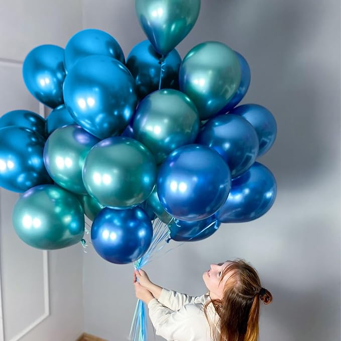 Blue and Green Balloons, Blue and Green Birthday Decorations, 12 Inch Light Blue Teal Metallic Metallic Blue Latex Balloons for Birthday Wedding Baby shower Party Decorations