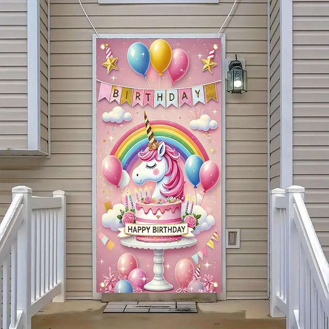 Unicorn Birthday Door Cover 71 x 35 inch Party Decoration Rainbow Cake Backdrop Door Banner for Girls Kids Birthday Celebration Photography Background Party Supplies