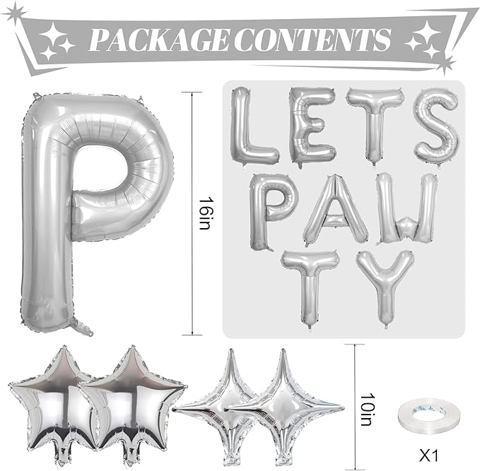 Lets Pawty Balloons Banner 16 Inch,Silver Dog Birthday Decorations with 4pcs 10 Inch Star Balloons,Paw Foil Letter Balloon for Dogs Paw Pet Puppy Theme Party Supplies