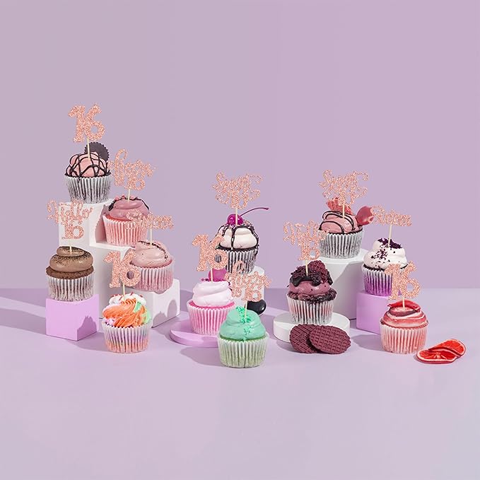 30Pcs 16th Birthday Cupcake Toppers Sixteen Happy 16th Cupcake Picks Cheers to 16 Sweet 16 Cake Decorations for Anniversary Party Supplies Rose Gold Glitter