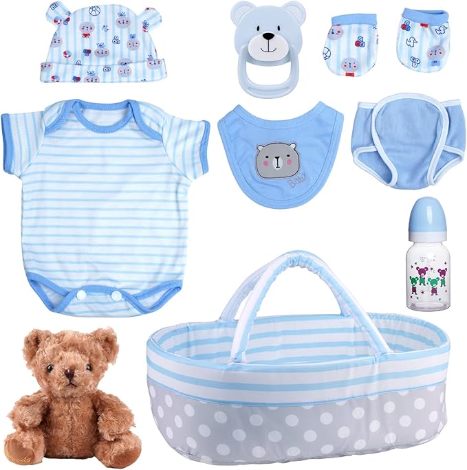 BABESIDE Reborn Baby Doll Accessories for 17–22 Inch Dolls,13 Pcs Baby Doll Clothes and Bear Gift Set Includes Bassinet, Doll Clothes, Pacifier, Bottle, Bear Toy for Kids Ages 3+