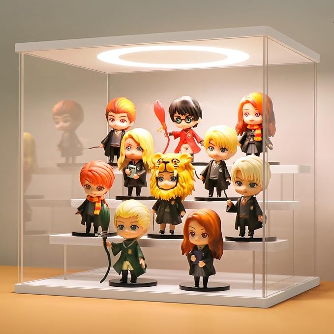 LASOA Acrylic Display Case with Adjustable LED Lights, 4 Tier Clear Display Box for Action Figures and Collectibles, Self-Assembly Showcase with White Base for Miniatures, 11.8x8.9x11inch