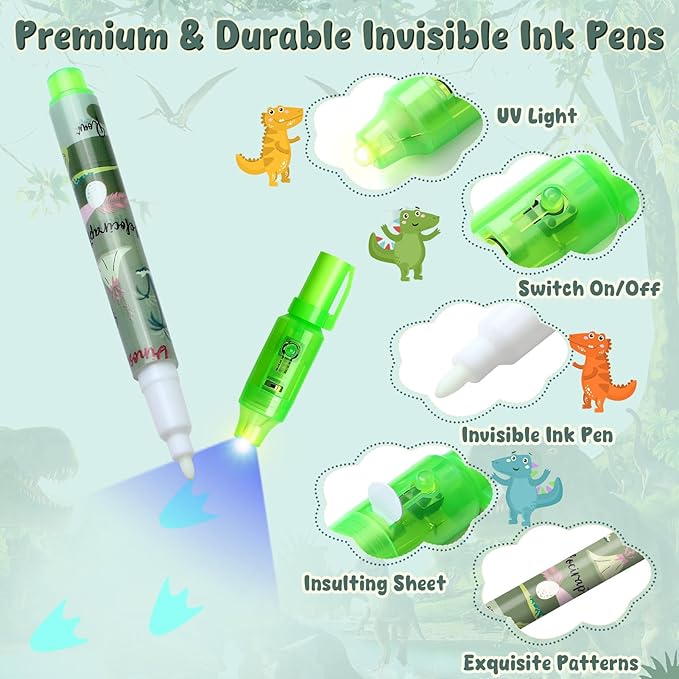 Invisible Ink Pen and Notebook Pack, 24 Pcs Dinosaur Party Favors, Spy Pens with UV Light Magic Marker for Secret Message Dino Party Favors for Kids Boys Girls Birthday Gift School Stationery Set