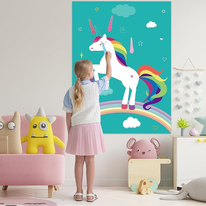 PLULON Pin The Horn On The Unicorn for Kids Birthday Party Game, Unicorn Party Supplies Favors Girls Birthday Decorations Poster Home Family Wall Decorations for Girl Boy Classroom Activities