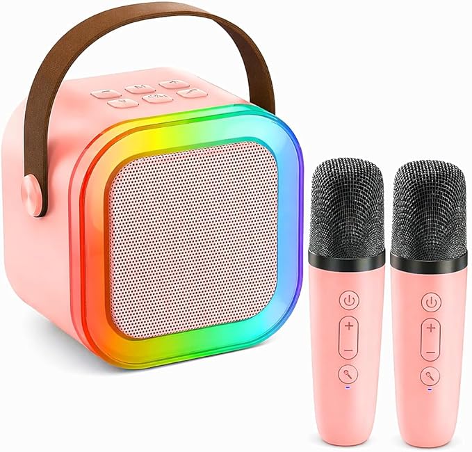 Karaoke Machine for Kids, Portable Bluetooth Speaker with 2 Wireless Microphones, Christmas Birthday Gift Toy Ideas for Boys and Girls Ages 4, 5, 6, 7, 8, 9, 10, 12+ Years Old (Pink)