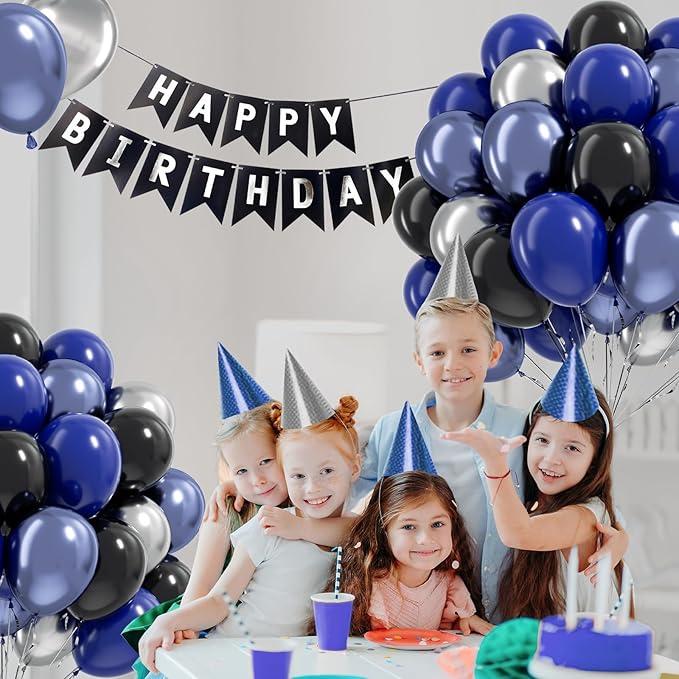 Blue and Black Balloons, 60pcs 12inch Blue Black Metallic Silver Balloons for Graduation New Year Birthday Party Decorations