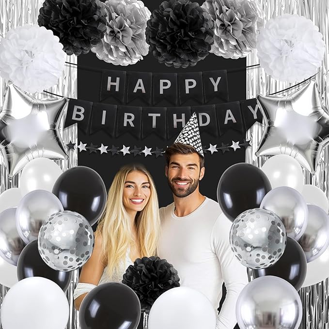 Black and Silver Birthday Decorations for Men, Happy Birthday Party Decorations, Happy Birthday Banner, Balloons, Foil Fringe Curtains, Tissue Paper Pompoms, Star Garland, Party Decor