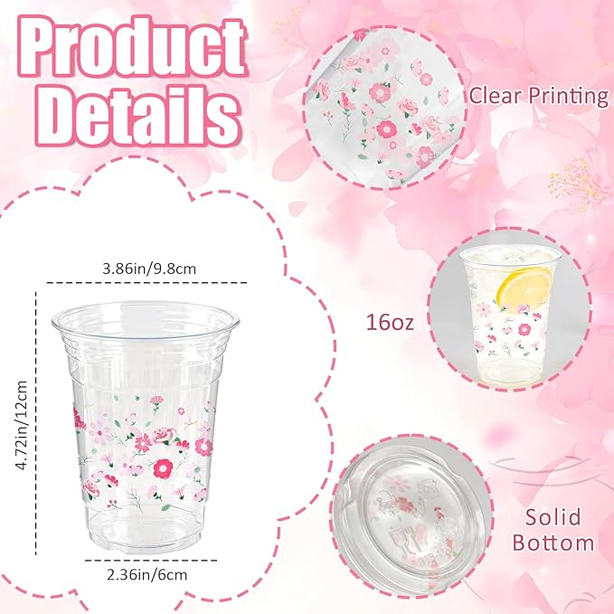 50 Pieces Floral Plastic Cups, 16 Oz Floral Clear Disposable Cups Bulk Flower Plastic Drinking Cup for Spring Summer Party Favor Flower Birthday Wedding Party Supplies