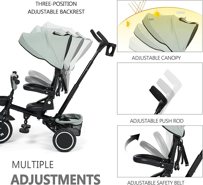 Kinder King Kids Tricycle, 8 in 1 Folding Toddler Trike w/Adjustable Push Handle, Rotatable Seat, Adjustable Canopy, Bell, Five-Point Harness, Storage, Toddler Bike for Age 1-3, Green