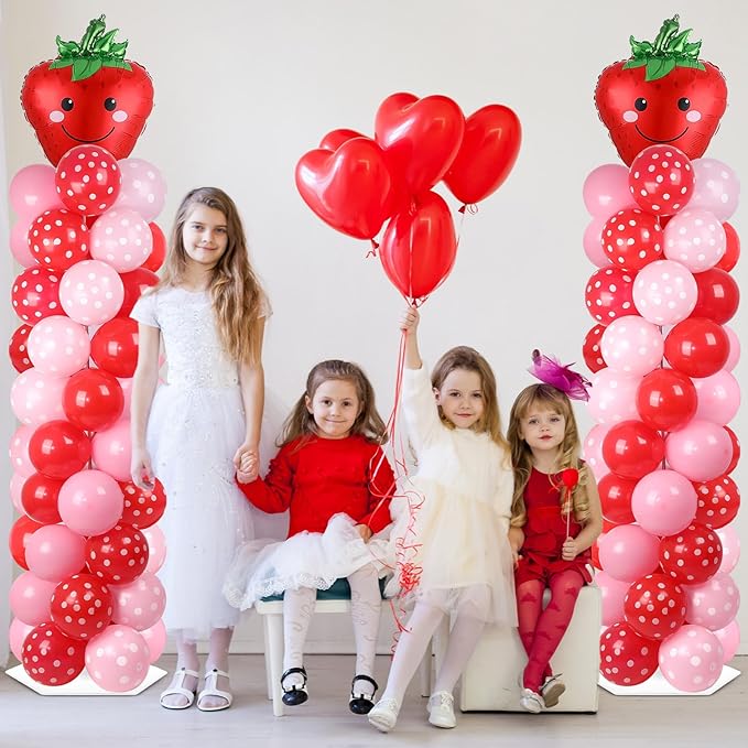 2 Sets Strawberry Party Balloon Column Stand Kit With 102 Sweet 1st Strawberry Foil Balloons 5.57Ft Adjustable Balloon Tower Stand With Base Adjustable Arch Column for Girl Birthday Baby Shower Supply