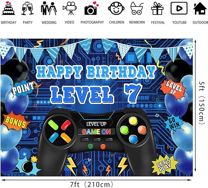 Game Theme Level 7 Birthday Backdrop Video Game Happy 7th Birthday Party Decorations Level Up Theme Boys Kids Birthday Party Supplies(7×5FT)