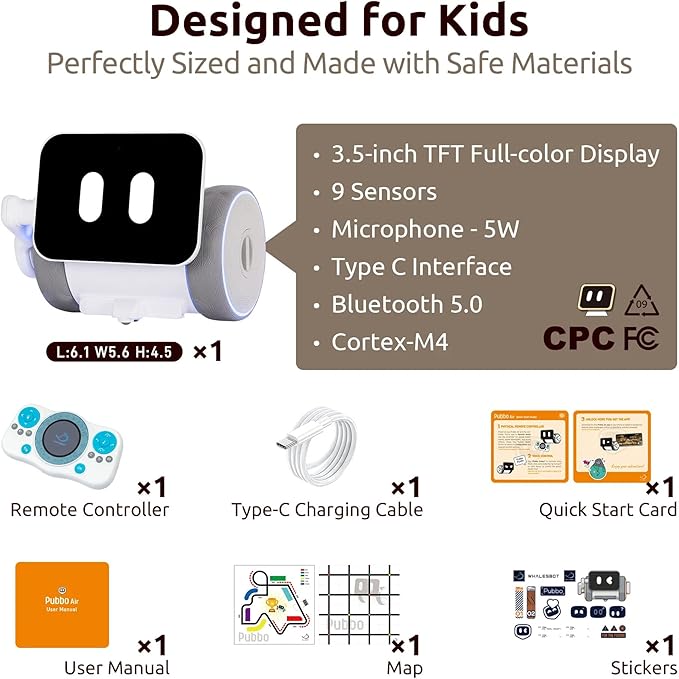WhalesBot Pubbo Air Smart Interactive Robot for Kids, Voice/Touch/APP/Remote Control, Modular/Scratch Coding, Companion Robotic with Sensors, STEM Educational Toy Gift for Boys Girls 4 5 6 7 8 9 10