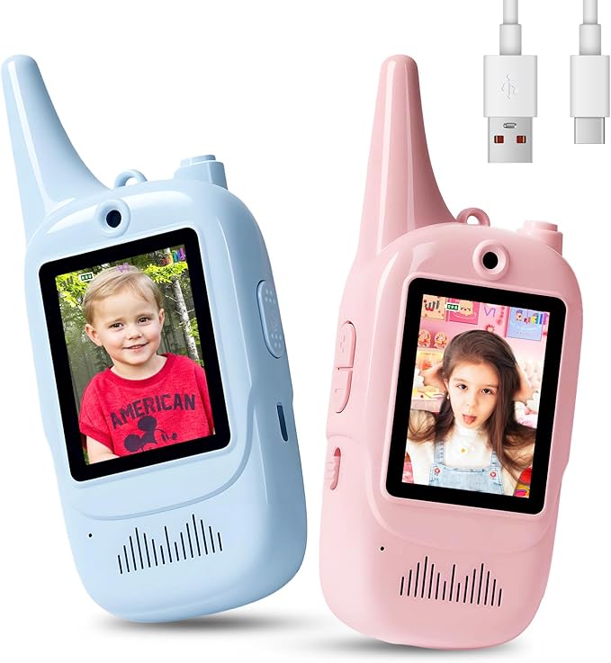 HD Video Walkie Talkies for Kids, 2 Pack Rechargeable with Camera & Screen, 4 Voice Changer, 1000 Feet Range, Toy Gift for Boys Girls Ages 3-12 (Blue & Pink)