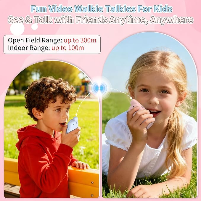 Video Walkie Talkies for Kids, Handheld 2 Pack Rechargeable Kids Video walkie talkies,Long Range Ideal for Family Games, Outside, Camping, Hiking (Pink - A)