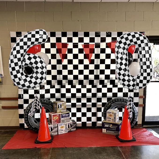 TONIFUL 40 Inch Checkered Number 6 Balloon 6th Race Car Birthday Party Supplies Black and White Large Number Balloon for Girls Boys 6th Birthday Fast Race Car Flag Party Decorations