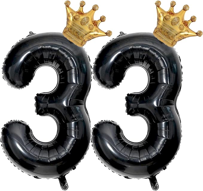 40 inch Large Black 33 Balloon Number with Gold Crown Balloons 33th Birthday Big Foil Mylar Helium Balloon for Boys Girls 33th Birthday Anniversary Decorations Supplies Favors(Number 33 Balloons）