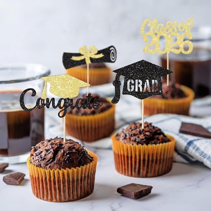 Black and Gold Graduation Cupcake Toppers Decorations Class of 2026 Cupcake Topper Graduation Cup Cake Picks Congrats Grad Party Decor Supplies Set of 24