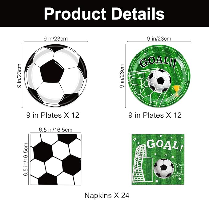 Soccer Plates and Napkins, Disposable Paper 9-Inch Plates and Napkins, Soccer Party Supplies for Boys’ Sports Birthday Party Decorations, Serves 24
