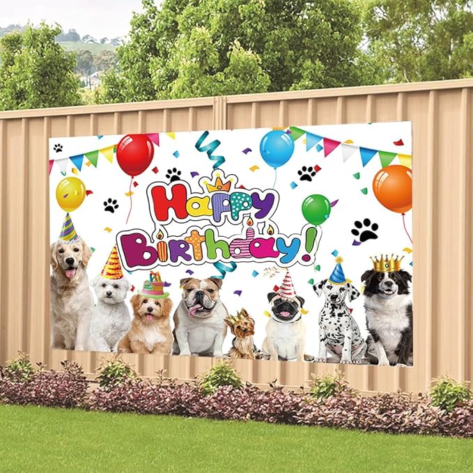 Dog Birthday Backdrop, Polyester, 70.8 x 47.2 Inch, Includes Backdrop Banner and 20 feet Long String, for Home Indoor Outdoor Decorations Supplies