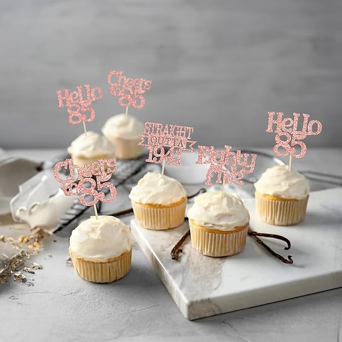 Ephlyn 24Pcs 85th Birthday Cupcake Toppers Glitter Straight Outta 1941 Cupcake Picks Hello 85 Cheers to 85 Years Cake Decorations for 85th Birthday Anniversary Party Decorations Supplies Rose Gold